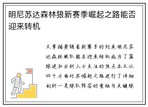 明尼苏达森林狼新赛季崛起之路能否迎来转机