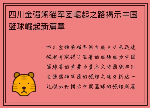 四川金强熊猫军团崛起之路揭示中国篮球崛起新篇章
